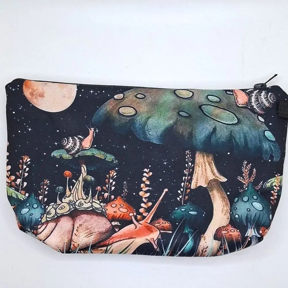 Mushroom village cosmetic bag clutch pouch nature inspired bag night sky